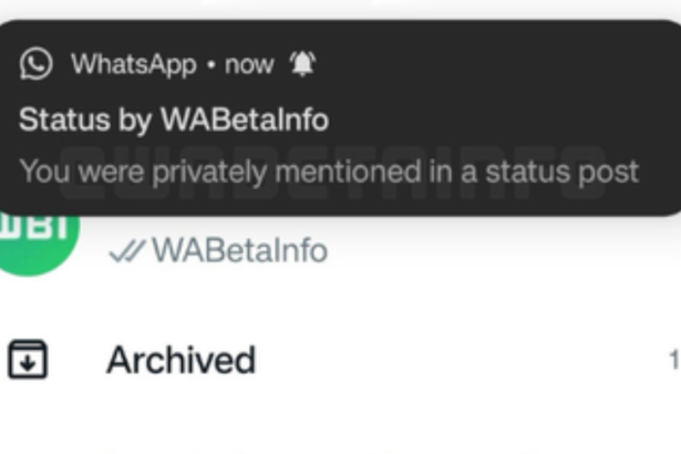 WABetaInfo divulgou print mostrando a notificação que surge com a menção nos Status do WhatsApp