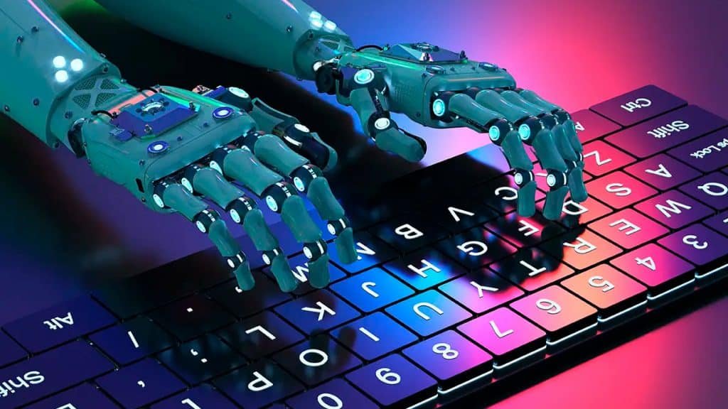 Mãos robóticas sobre teclado