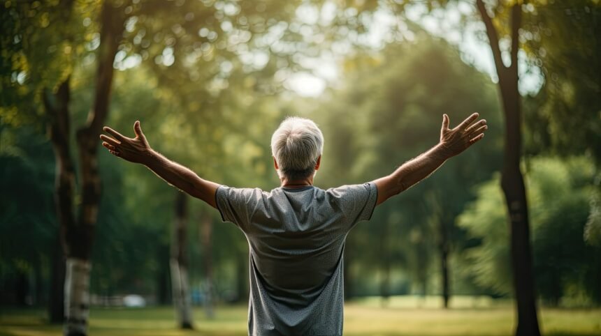 a pensioner stands in the park and stretches out his arms. enjoy life in old age, stay fit and healthy. Generative AI