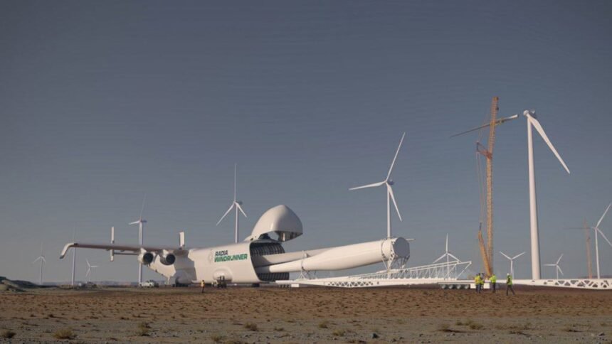 Pá de turbina de energia eólica sendo colocada no Windrunner, avião gigante da Radia