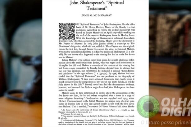 Montagem com página de Testamento Espiritual, escrito por Joan Shakespeare