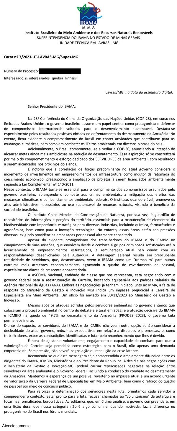 Carta enviada pelos servidores aos presidentes das autarquias: Rodrigo Agostinho (Ibama) e Mauro Pires (ICMBio).