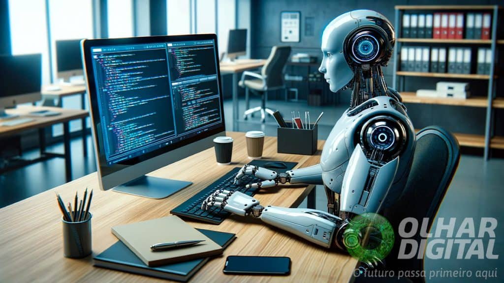 Ilustração de robô humanoide com inteligência artificial digitando em computador desktop num escritório