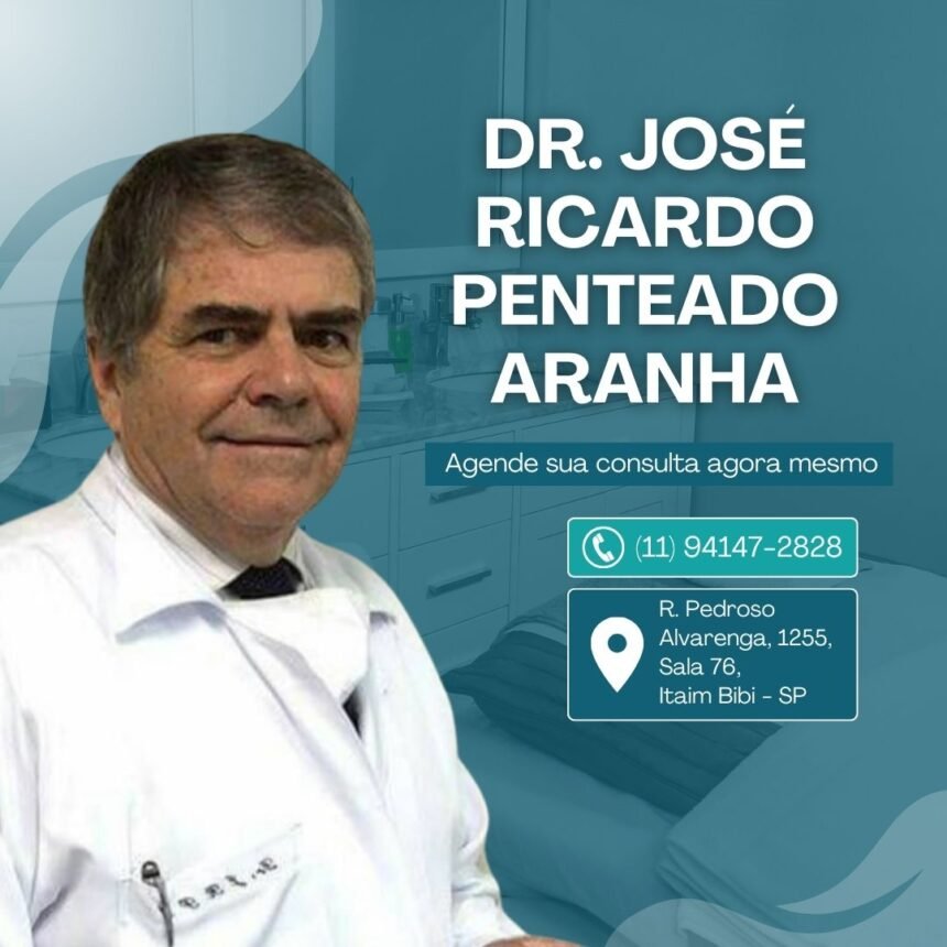 Dr. José Ricardo Penteado Aranha com a legenda 'Agende sua consulta agora mesmo' e informações de contato e endereço de sua clínica em Itaim Bibi, SP