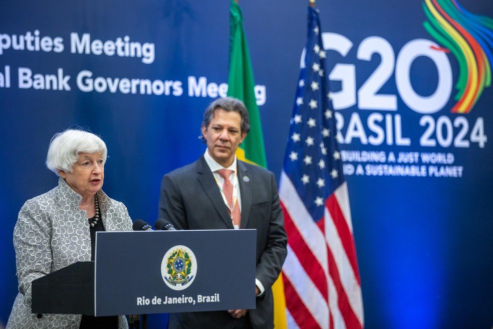 Janet Yellen, Secretária do Tesouro dos Estados Unido, so lado do ministro da Fazenda, Fernando Haddad — Foto: Diogo Zacarias/MF/Fotos: Diogo Zacarias/MF