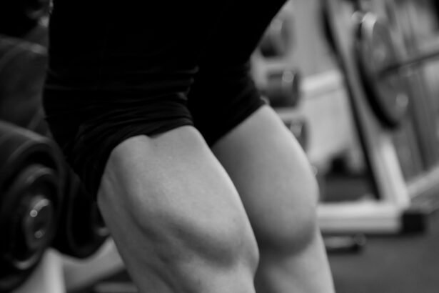 Black and white detail of the calves training in the gym.